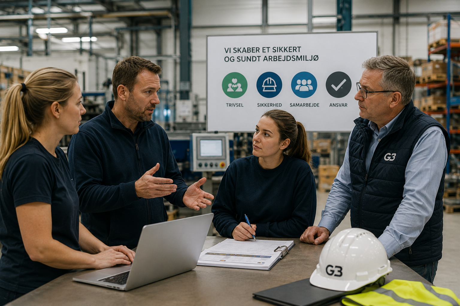 Arbejdsmiljøkonsulent gennemgår arbejdsmiljøvurdering og arbejdsmiljøregler med medarbejdere i produktionsvirksomhed