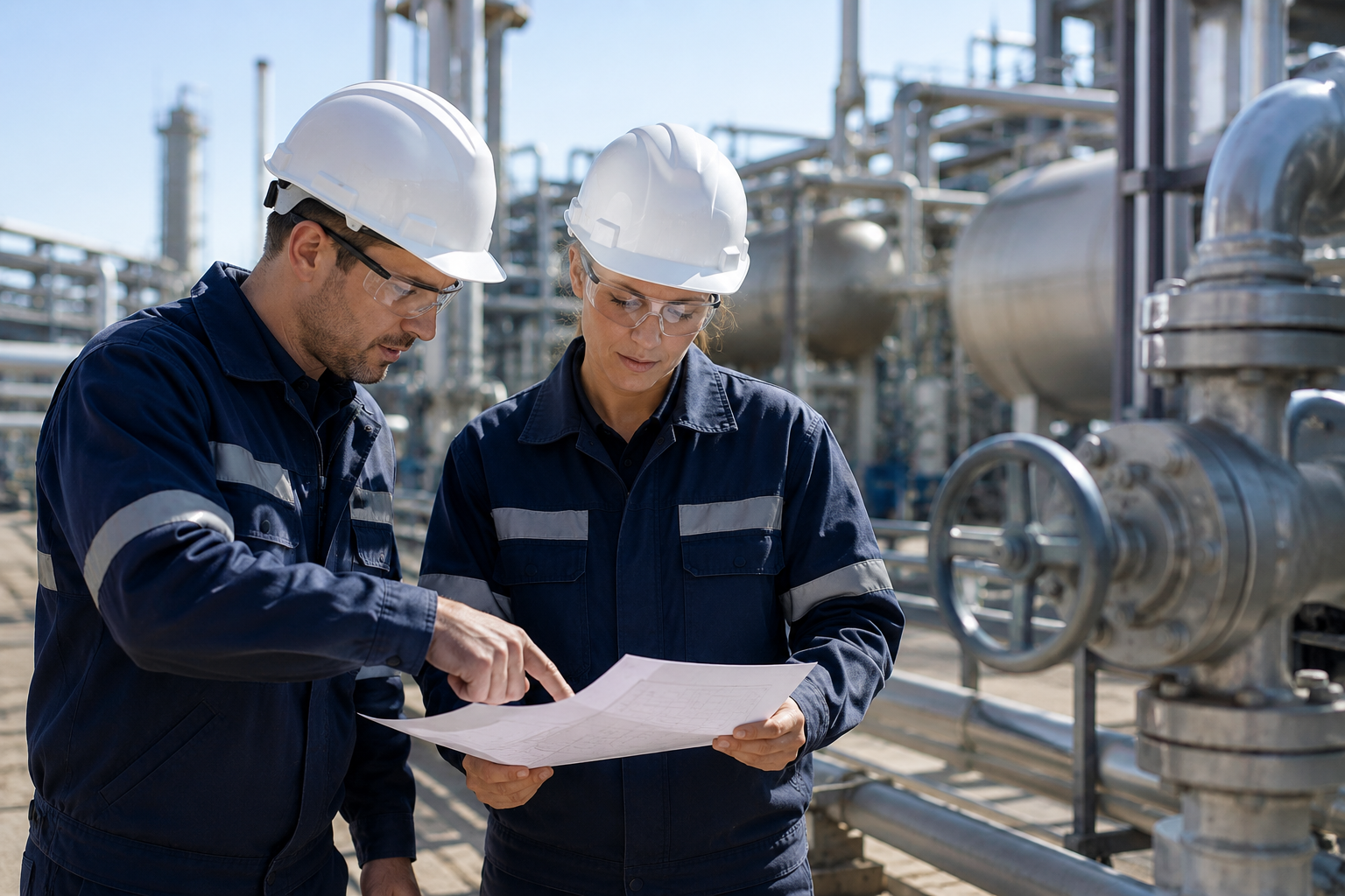 Ingeniører gennemgår ATEX-klassificering og zoneklassificering af eksplosionsfarlige områder i et industrielt procesanlæg