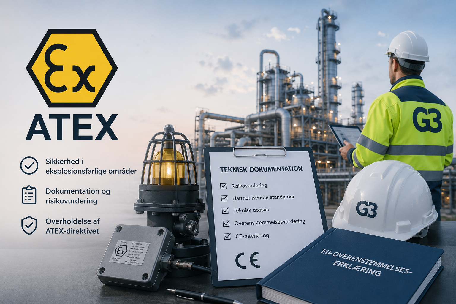 ATEX-godkendelse af industrielt udstyr med teknisk dokumentation, CE-mærkning og risikovurdering til eksplosionsfarlige områder.