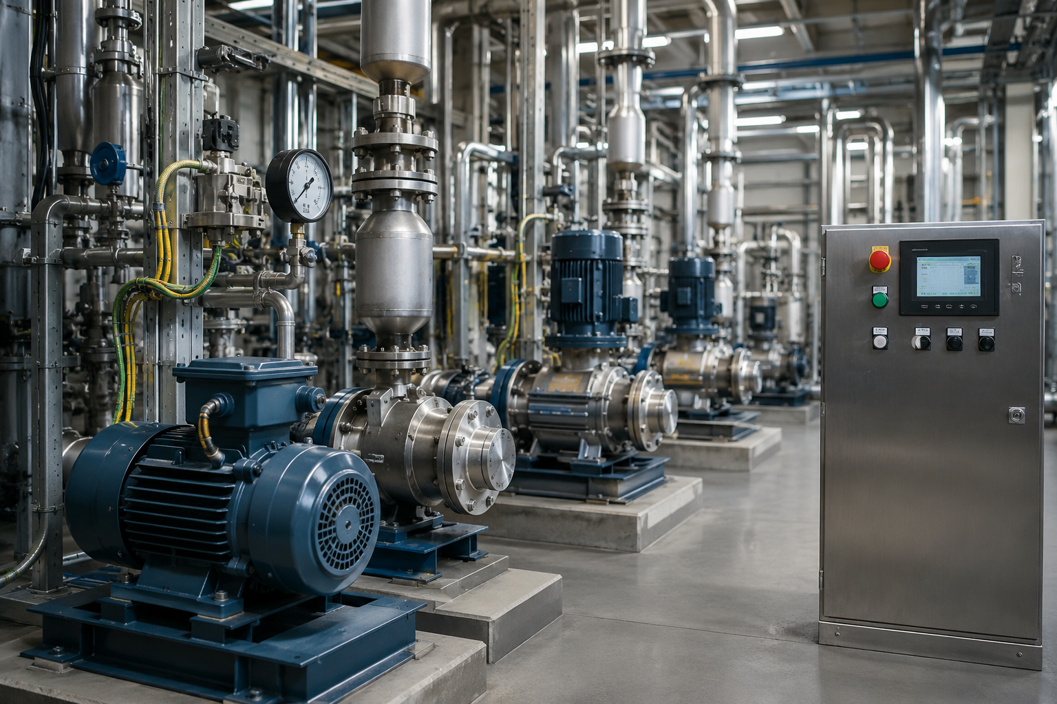 Moderne procesanlæg med pumper, rørinstallationer og styreskab i produktionsmiljø, som illustrerer ATEX i produktionen og håndtering af eksplosionsfarlige områder.