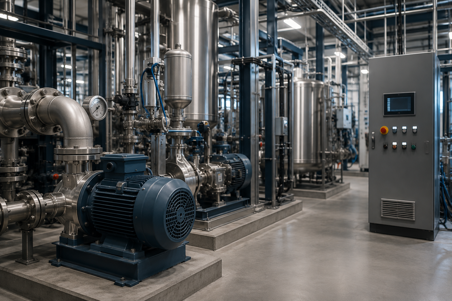 Moderne produktionsanlæg med procesudstyr, rørinstallationer og pumper, hvor ATEX-risikovurdering anvendes til at identificere og håndtere eksplosionsrisici i produktionen.