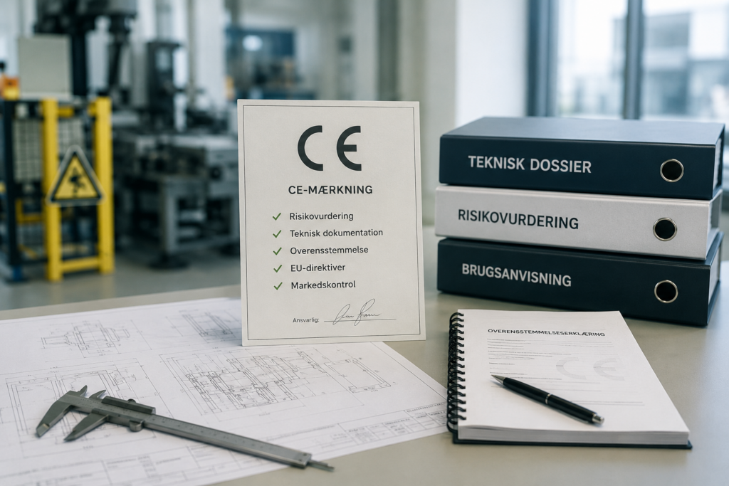CE-mærkning af maskiner med teknisk dokumentation, risikovurdering og overensstemmelseserklæring i industrielt miljø.