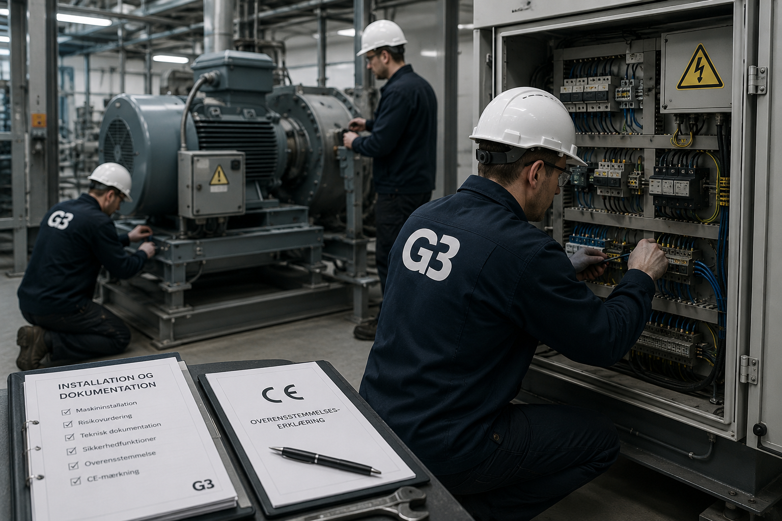 Korrekt installation af maskiner og teknisk udstyr med fokus på maskinsikkerhed, CE-mærkning og teknisk dokumentation.
