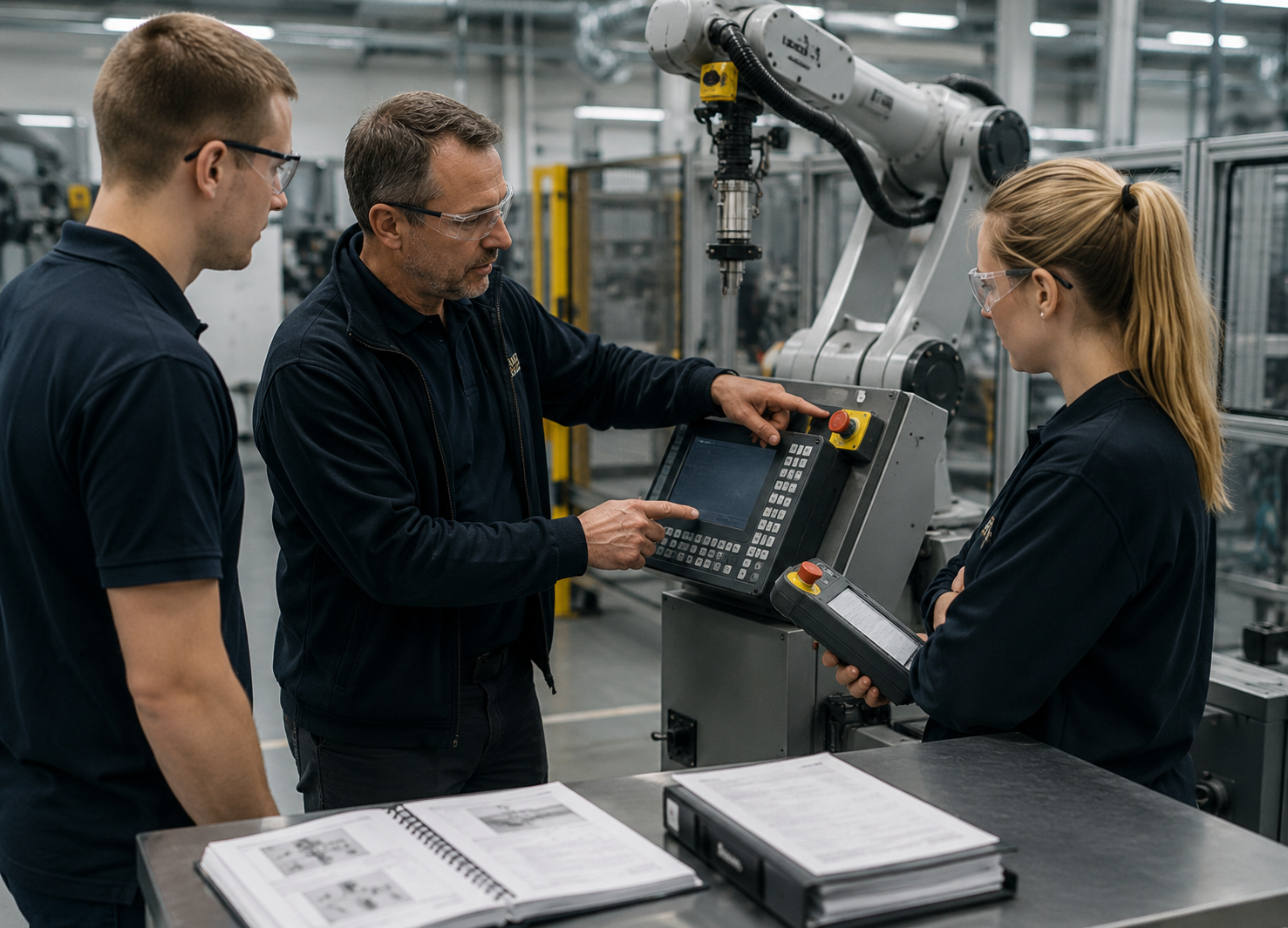 Instruktør gennemgår sikker betjening af en industriel robot med to medarbejdere som en del af træning i maskinsikkerhed.