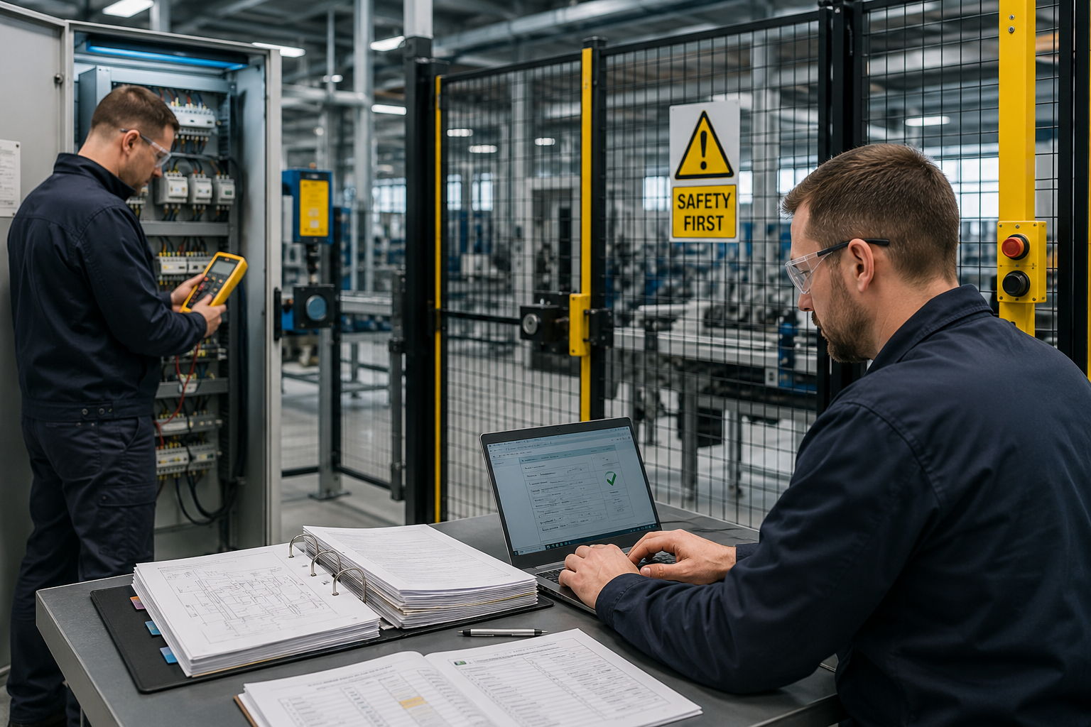Teknikere validerer sikkerhedsfunktioner på en industriel maskine med testudstyr og teknisk dokumentation som led i CE-mærkning.